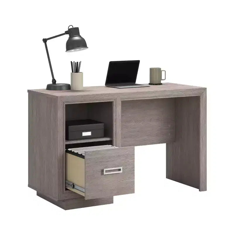 Scrivania da 47" per Home Office con Cassetto Portadocumenti e Ripiano Aperto, Rovere Cenere, Gestione Cavi
