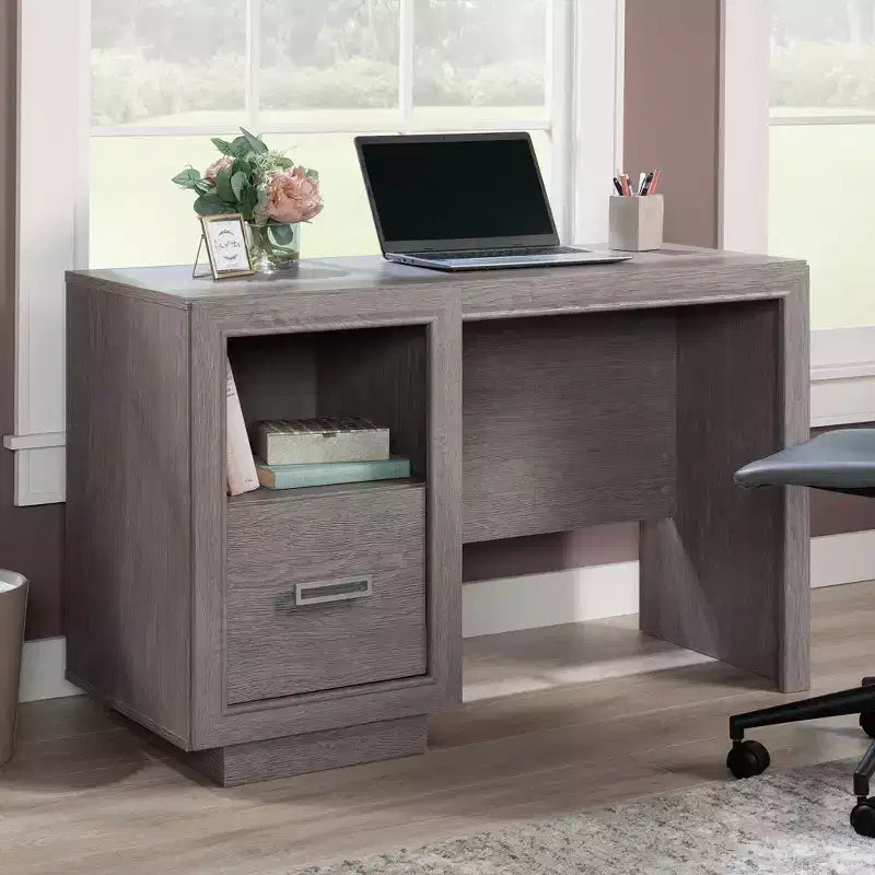 Scrivania da 47" per Home Office con Cassetto Portadocumenti e Ripiano Aperto, Rovere Cenere, Gestione Cavi