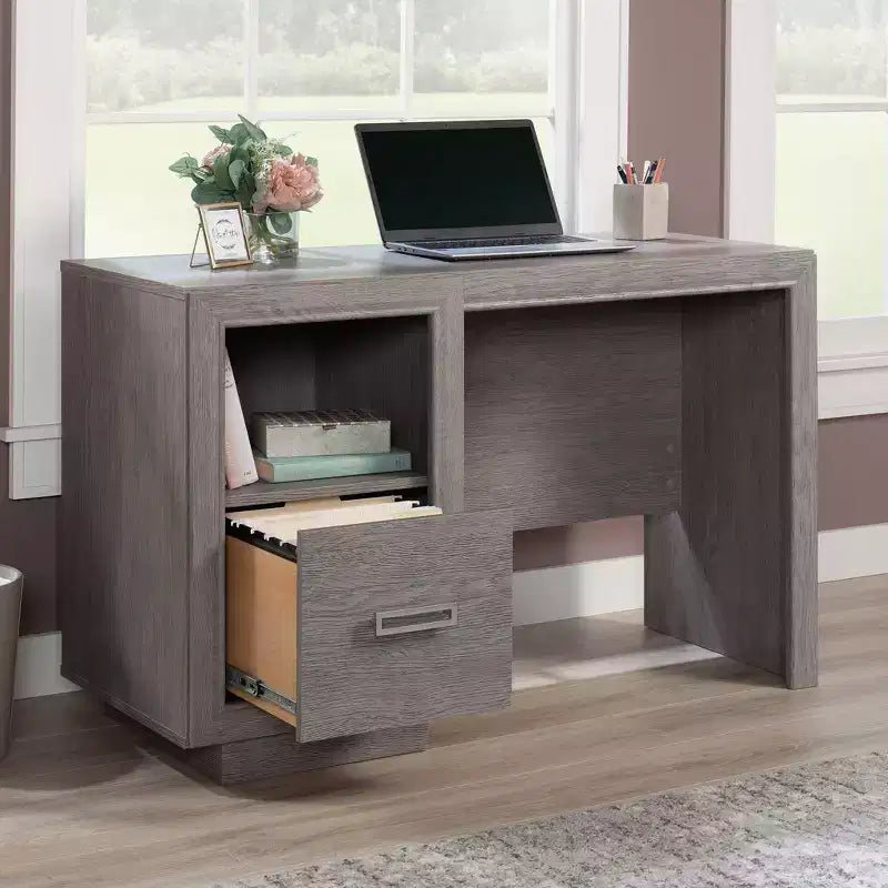 Scrivania da 47" per Home Office con Cassetto Portadocumenti e Ripiano Aperto, Rovere Cenere, Gestione Cavi