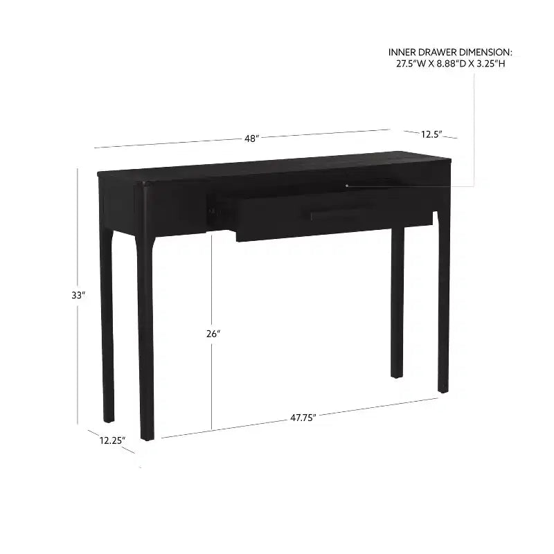 Consolle nera con cassetto, 48W x 12.5D x 33H, impiallacciatura di rovere e legno di gomma