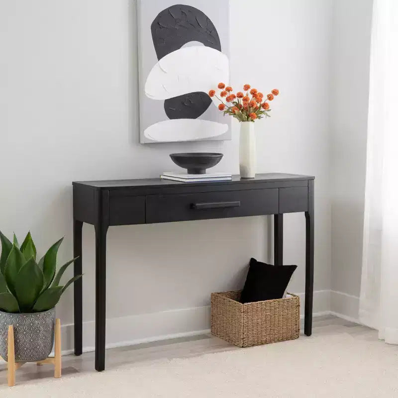 Consolle nera con cassetto, 48W x 12.5D x 33H, impiallacciatura di rovere e legno di gomma