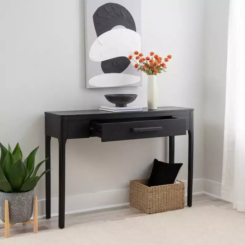 Consolle nera con cassetto, 48W x 12.5D x 33H, impiallacciatura di rovere e legno di gomma
