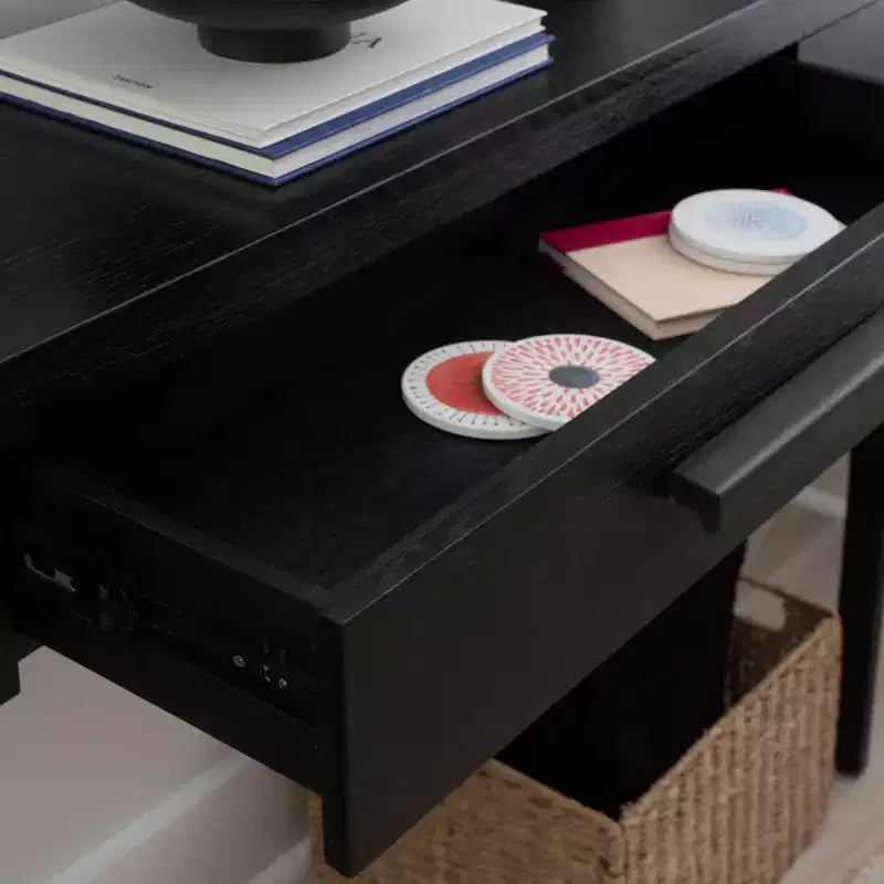 Consolle nera con cassetto, 48W x 12.5D x 33H, impiallacciatura di rovere e legno di gomma