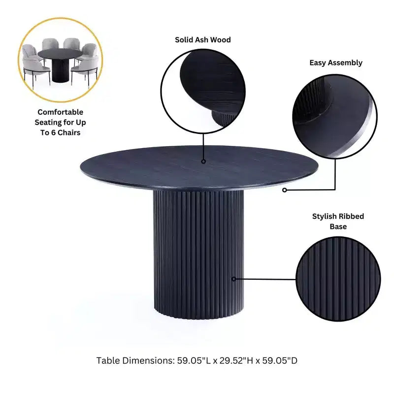 Set da pranzo rotondo da 7 pezzi, tavolo in legno di frassino da 150 cm e 6 sedie a poltroncina imbottite, 6 posti