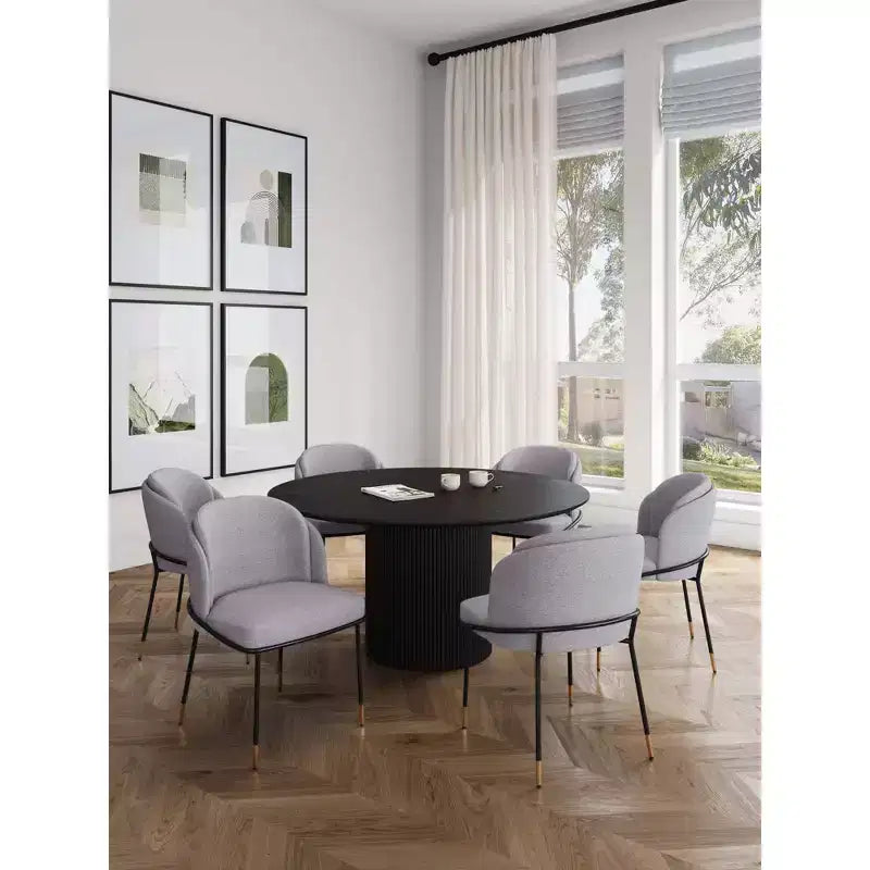Set da pranzo rotondo da 7 pezzi, tavolo in legno di frassino da 150 cm e 6 sedie a poltroncina imbottite, 6 posti