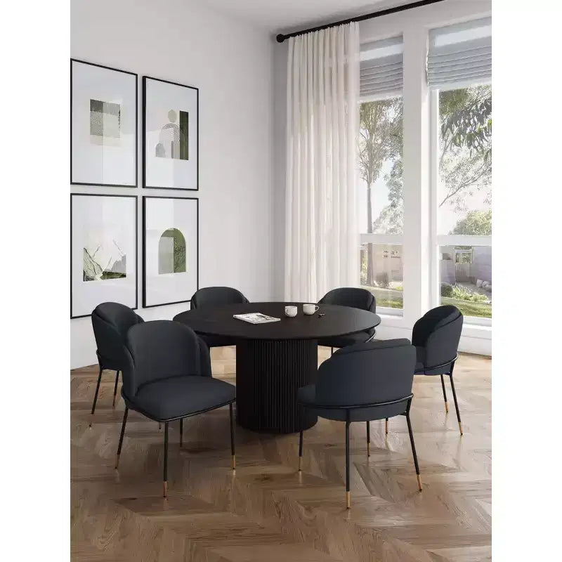 Set da pranzo rotondo da 7 pezzi, tavolo in legno di frassino da 150 cm e 6 sedie a poltroncina imbottite, 6 posti