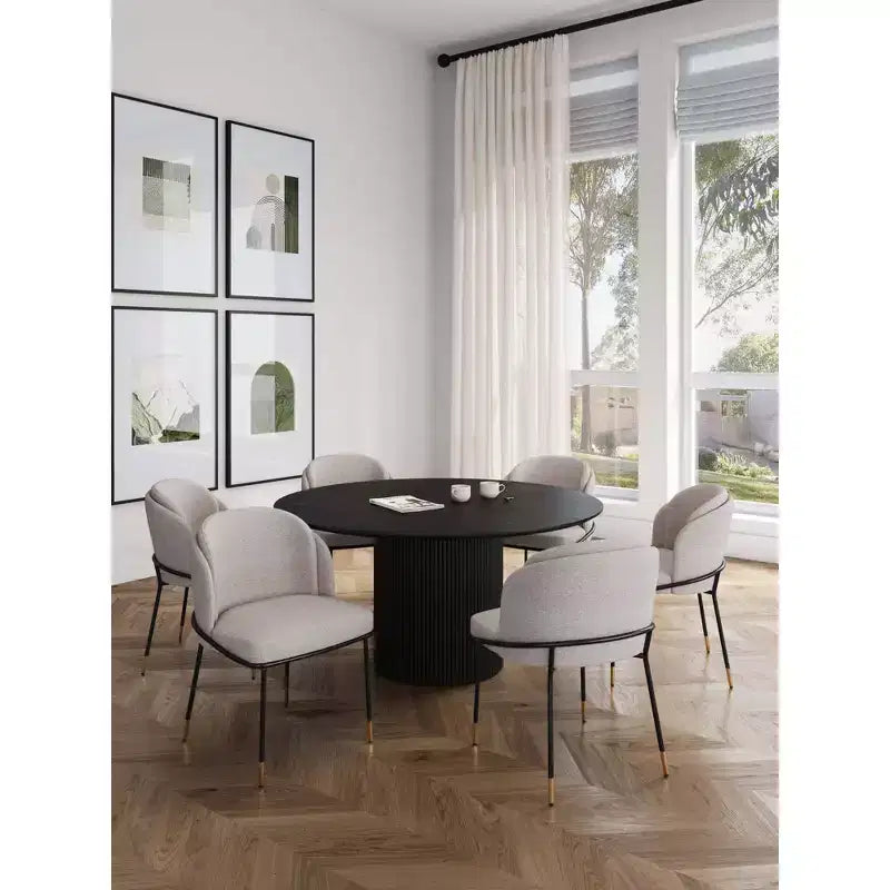 Set da pranzo rotondo da 7 pezzi, tavolo in legno di frassino da 150 cm e 6 sedie a poltroncina imbottite, 6 posti