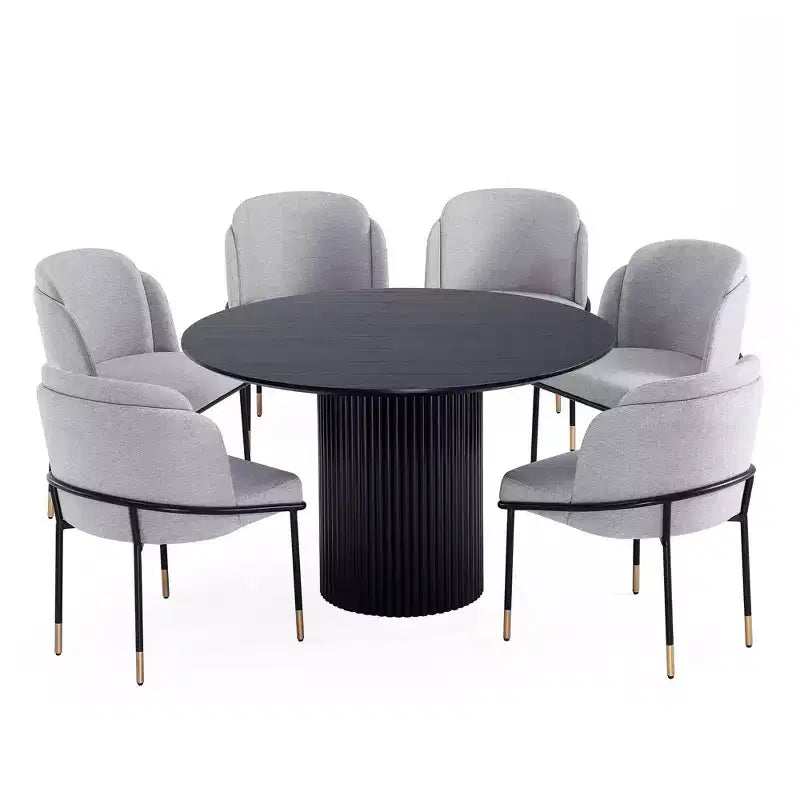 Set da pranzo rotondo da 7 pezzi, tavolo in legno di frassino da 150 cm e 6 sedie a poltroncina imbottite, 6 posti