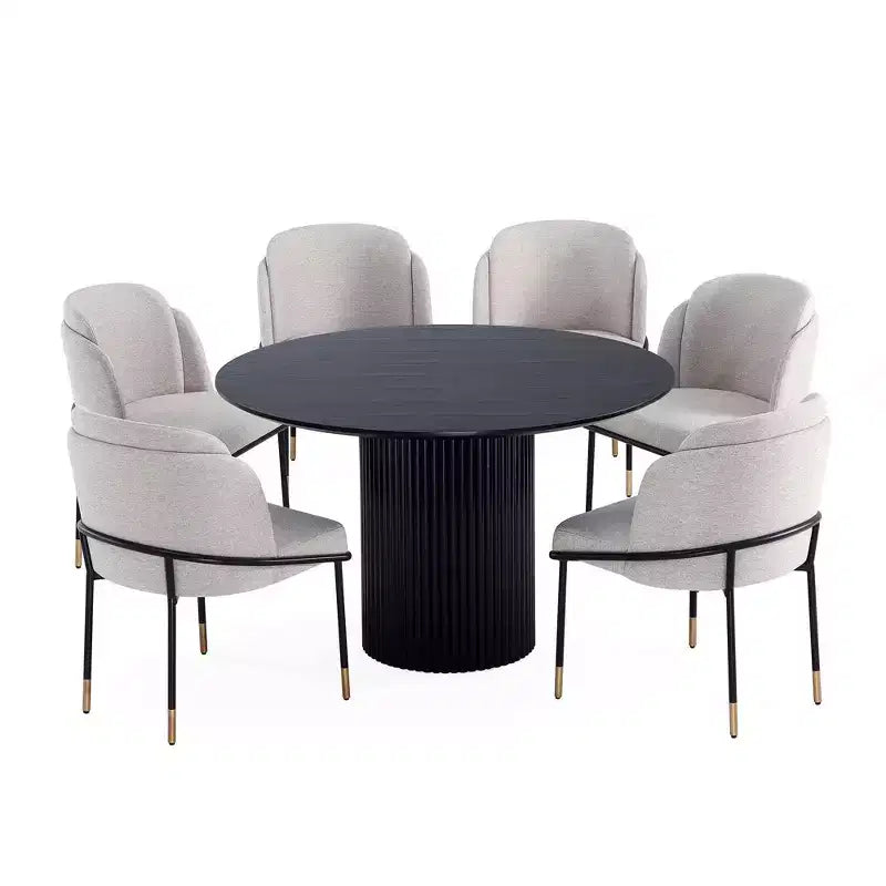 Set da pranzo rotondo da 7 pezzi, tavolo in legno di frassino da 150 cm e 6 sedie a poltroncina imbottite, 6 posti