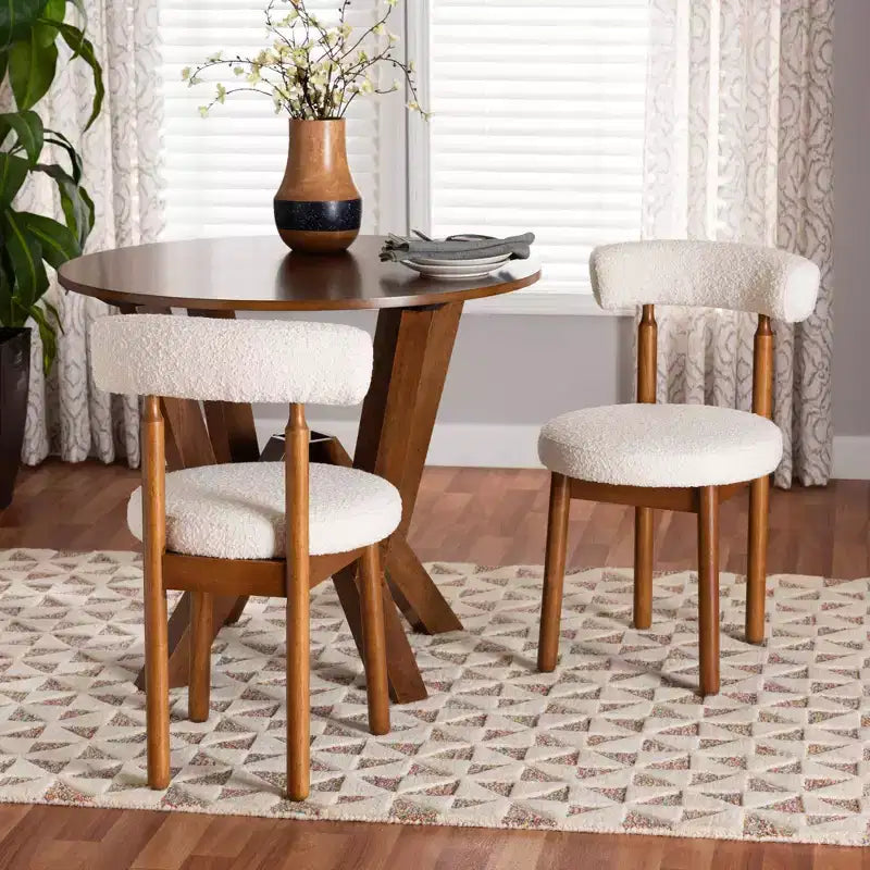 Sedie da pranzo in tessuto bouclé, struttura in legno di gomma e MDF, set da 2, 49 cm L x 79 cm H