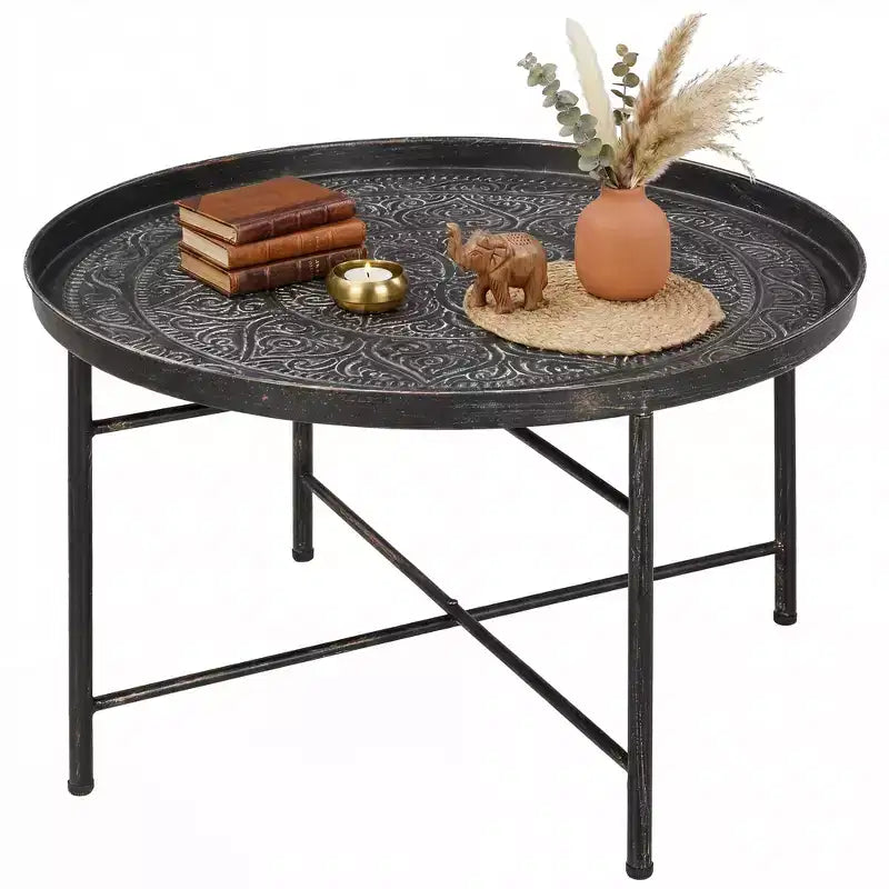 Tavolino da caffè rotondo in metallo martellato da 61 cm, nero, capacità 50 kg, piedini regolabili