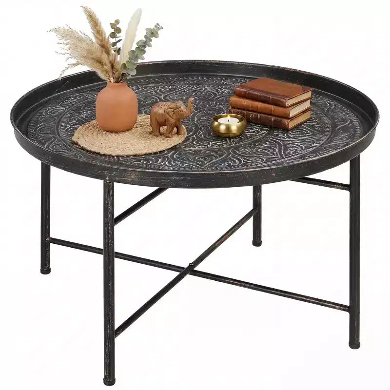 Tavolino da caffè rotondo in metallo martellato da 61 cm, nero, capacità 50 kg, piedini regolabili