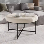 Emma e Oliver Pouf rotondo in cotone e lino, 86 cm, con design trapuntato e robusta struttura in ferro