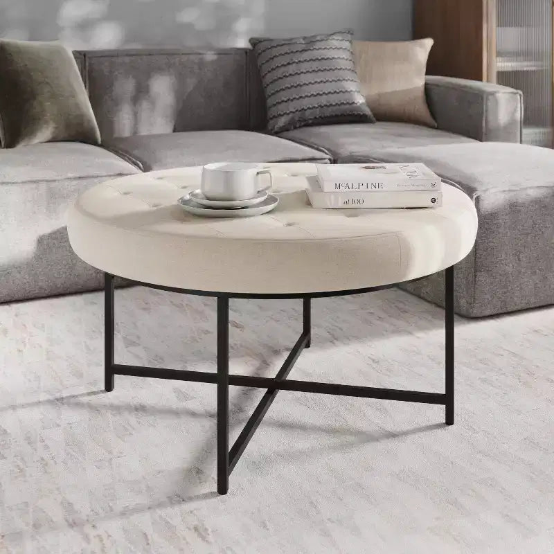 Emma e Oliver Pouf rotondo in cotone e lino, 86 cm, con design trapuntato e robusta struttura in ferro