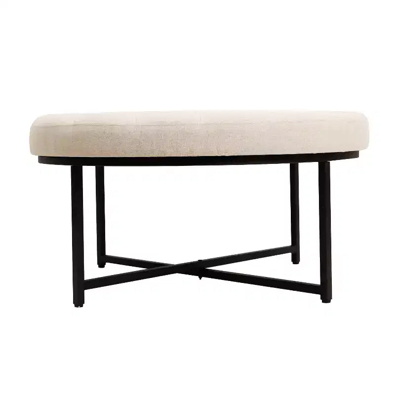 Emma e Oliver Pouf rotondo in cotone e lino, 86 cm, con design trapuntato e robusta struttura in ferro
