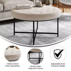 Emma e Oliver Pouf rotondo in cotone e lino, 86 cm, con design trapuntato e robusta struttura in ferro