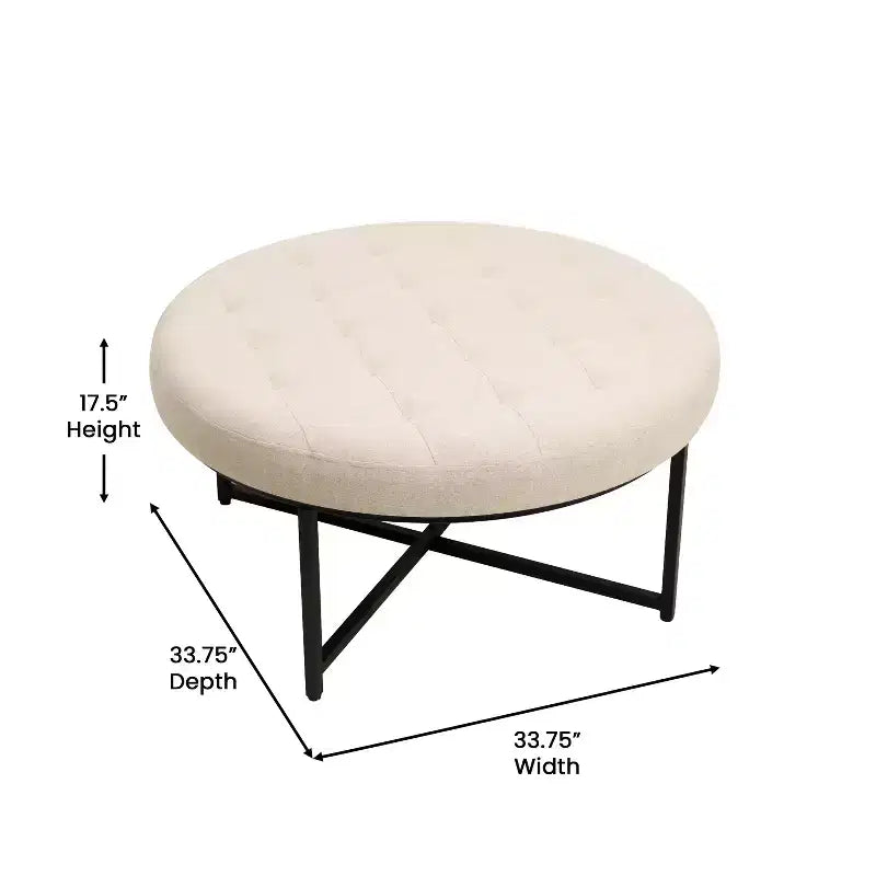 Emma e Oliver Pouf rotondo in cotone e lino, 86 cm, con design trapuntato e robusta struttura in ferro