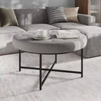 Emma e Oliver Pouf rotondo in cotone e lino, 86 cm, con design trapuntato e robusta struttura in ferro