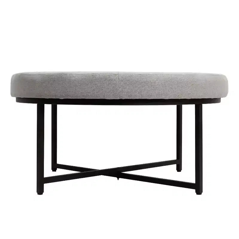 Emma e Oliver Pouf rotondo in cotone e lino, 86 cm, con design trapuntato e robusta struttura in ferro