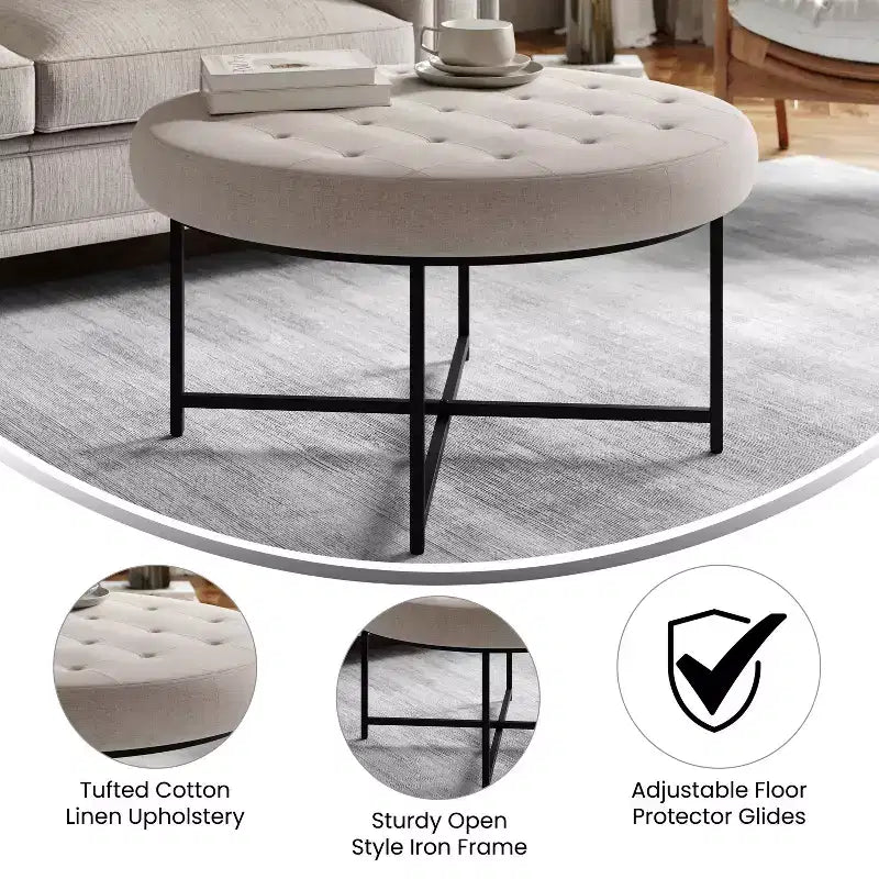 Emma e Oliver Pouf rotondo in cotone e lino, 86 cm, con design trapuntato e robusta struttura in ferro