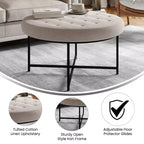 Emma e Oliver Pouf rotondo in cotone e lino, 86 cm, con design trapuntato e robusta struttura in ferro
