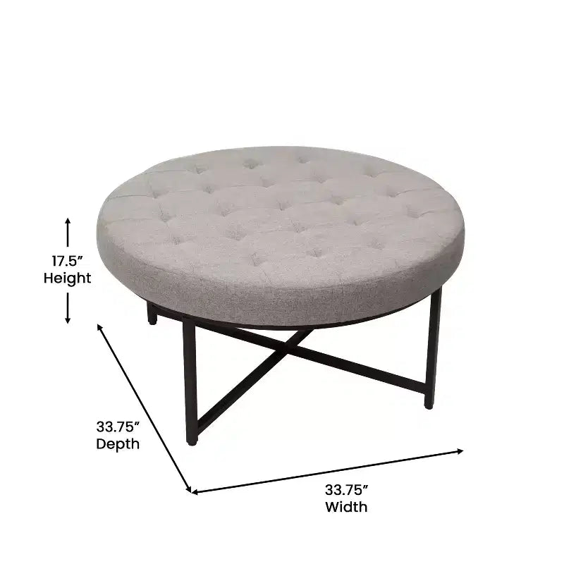 Emma e Oliver Pouf rotondo in cotone e lino, 86 cm, con design trapuntato e robusta struttura in ferro