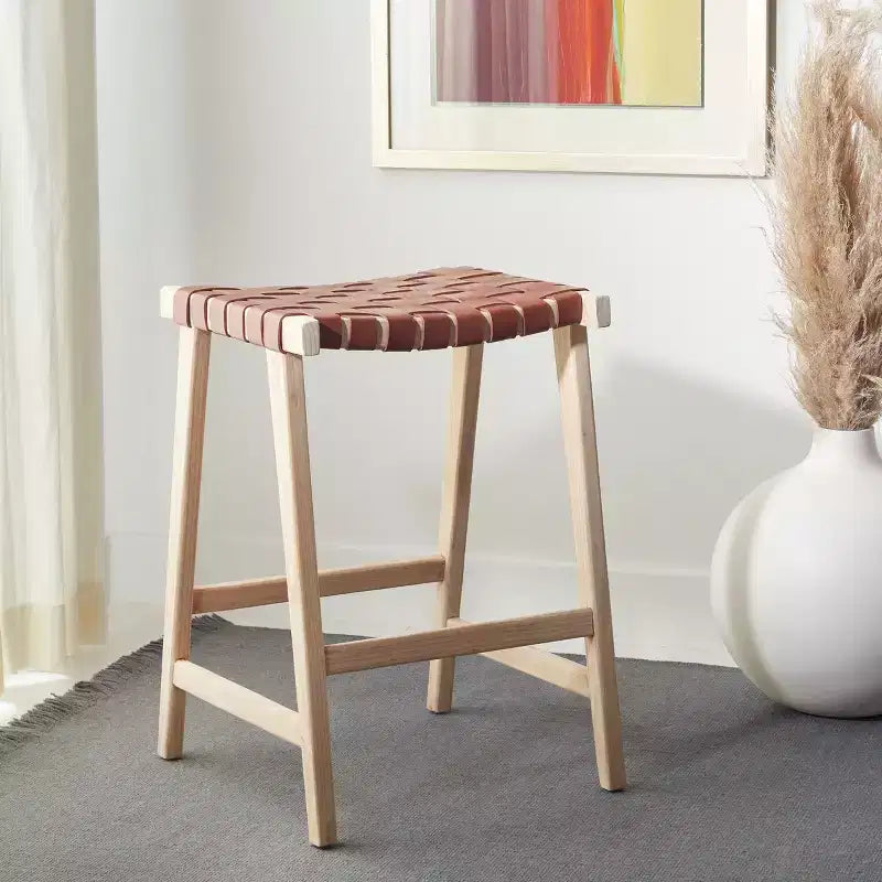 Sgabello da banco senza schienale, sedile in pelle intrecciata e struttura in legno, 47 cm L, capacità 125 kg