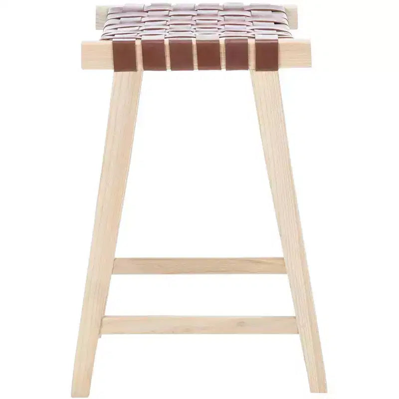 Sgabello da banco senza schienale, sedile in pelle intrecciata e struttura in legno, 47 cm L, capacità 125 kg
