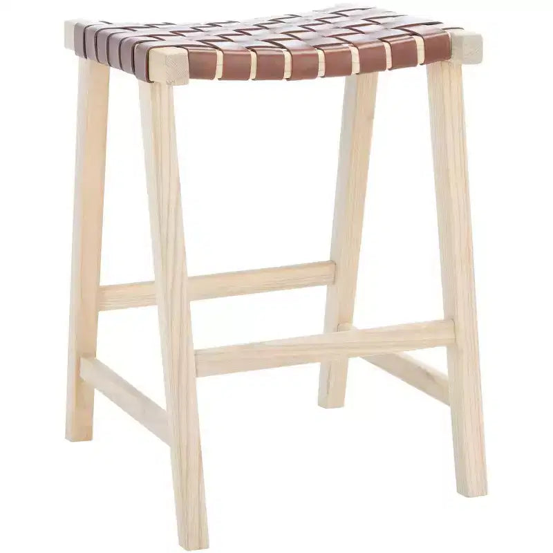 Sgabello da banco senza schienale, sedile in pelle intrecciata e struttura in legno, 47 cm L, capacità 125 kg