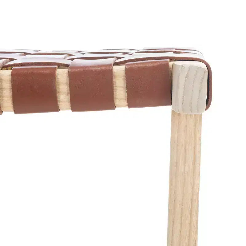 Sgabello da banco senza schienale, sedile in pelle intrecciata e struttura in legno, 47 cm L, capacità 125 kg
