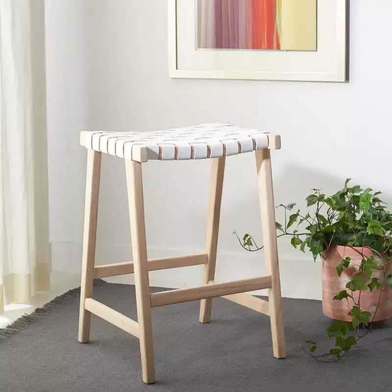 Sgabello da banco senza schienale, sedile in pelle intrecciata e struttura in legno, 47 cm L, capacità 125 kg