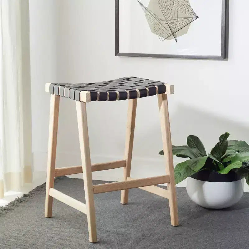 Sgabello da banco senza schienale, sedile in pelle intrecciata e struttura in legno, 47 cm L, capacità 125 kg