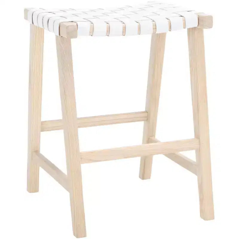 Sgabello da banco senza schienale, sedile in pelle intrecciata e struttura in legno, 47 cm L, capacità 125 kg