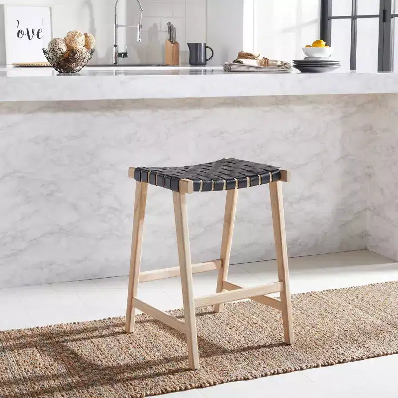 Sgabello da banco senza schienale, sedile in pelle intrecciata e struttura in legno, 47 cm L, capacità 125 kg