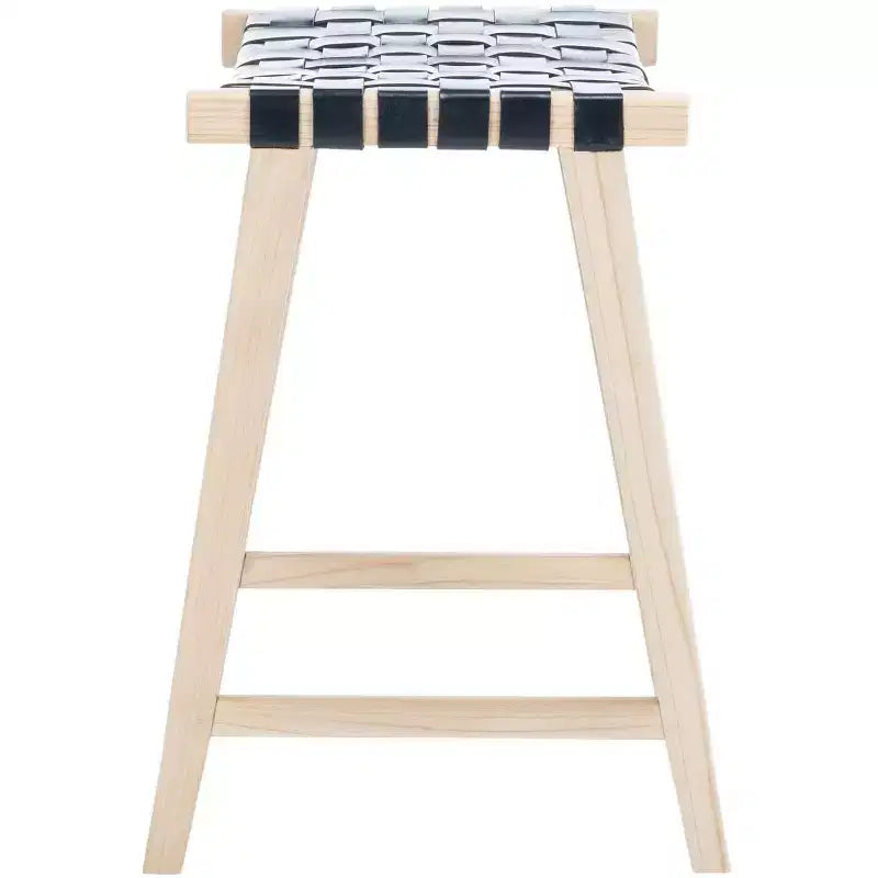 Sgabello da banco senza schienale, sedile in pelle intrecciata e struttura in legno, 47 cm L, capacità 125 kg
