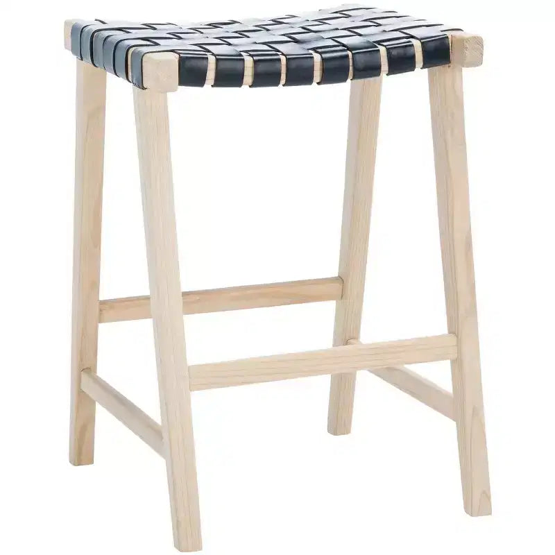 Sgabello da banco senza schienale, sedile in pelle intrecciata e struttura in legno, 47 cm L, capacità 125 kg