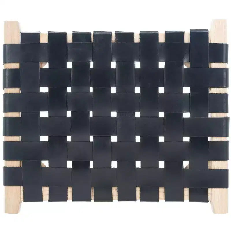 Sgabello da banco senza schienale, sedile in pelle intrecciata e struttura in legno, 47 cm L, capacità 125 kg