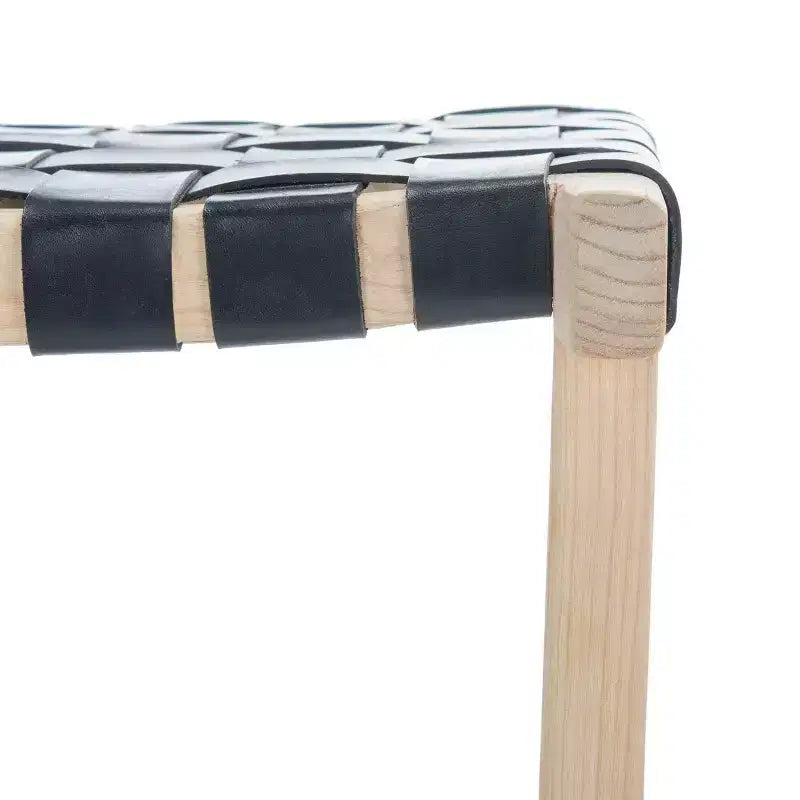 Sgabello da banco senza schienale, sedile in pelle intrecciata e struttura in legno, 47 cm L, capacità 125 kg