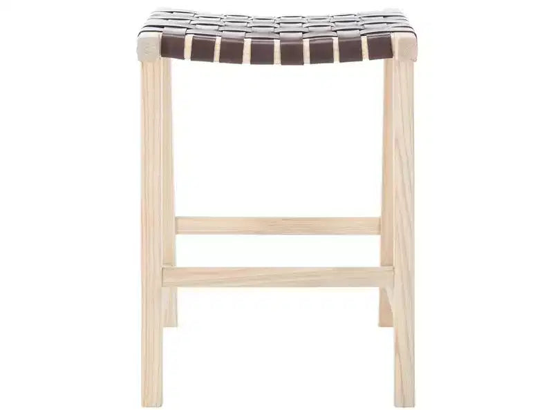 Sgabello da banco senza schienale, sedile in pelle intrecciata e struttura in legno, 47 cm L, capacità 125 kg