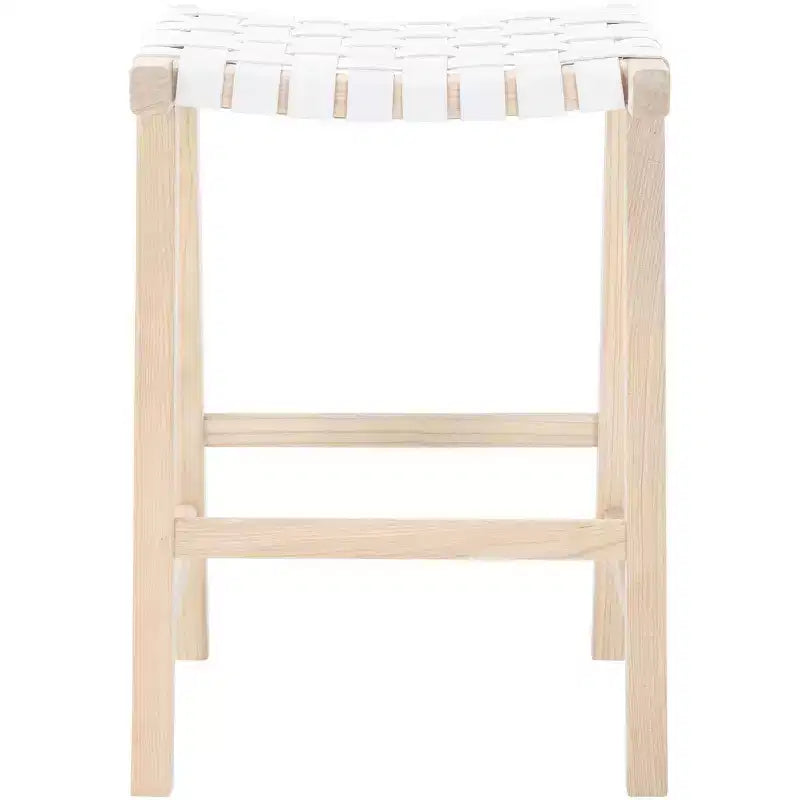 Sgabello da banco senza schienale, sedile in pelle intrecciata e struttura in legno, 47 cm L, capacità 125 kg