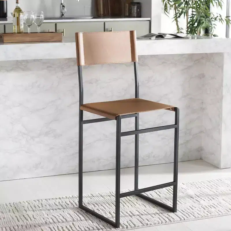 Sgabello da bancone, pelle e struttura in ferro, schienale medio, senza braccioli, altezza seduta 66 cm, 113 kg