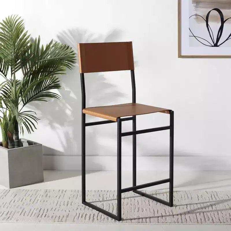 Sgabello da bancone, pelle e struttura in ferro, schienale medio, senza braccioli, altezza seduta 66 cm, 113 kg