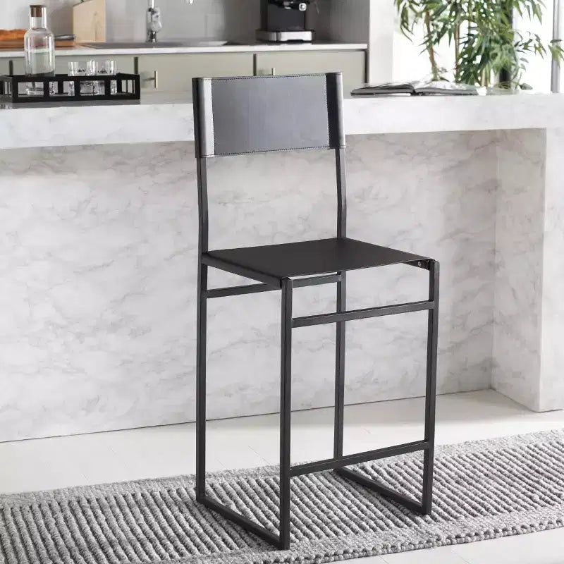 Sgabello da bancone, pelle e struttura in ferro, schienale medio, senza braccioli, altezza seduta 66 cm, 113 kg