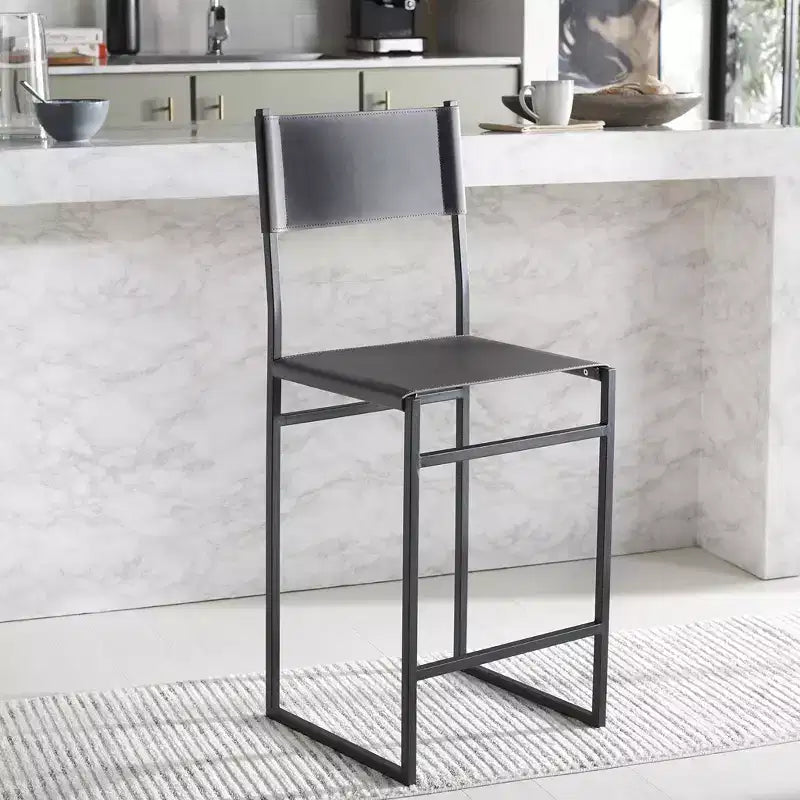 Sgabello da bancone, pelle e struttura in ferro, schienale medio, senza braccioli, altezza seduta 66 cm, 113 kg
