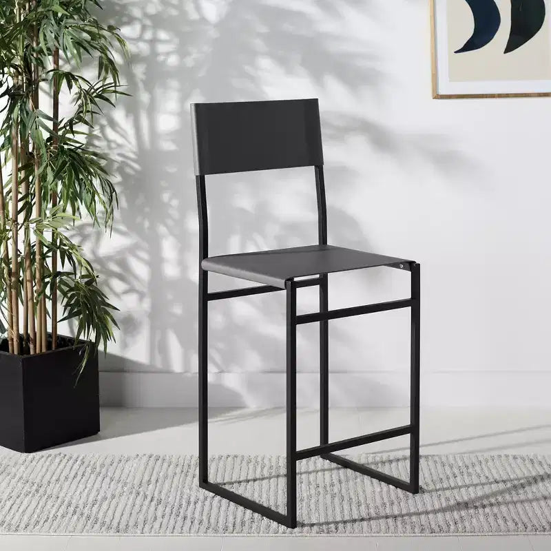 Sgabello da bancone, pelle e struttura in ferro, schienale medio, senza braccioli, altezza seduta 66 cm, 113 kg