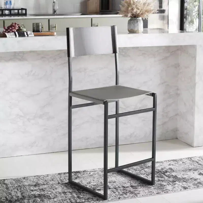 Sgabello da bancone, pelle e struttura in ferro, schienale medio, senza braccioli, altezza seduta 66 cm, 113 kg