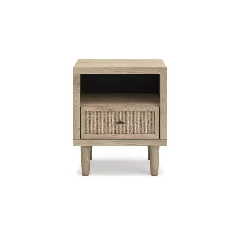 Comodino moderno con USB e ricarica wireless, base luminosa a LED, rovere marrone bicolore