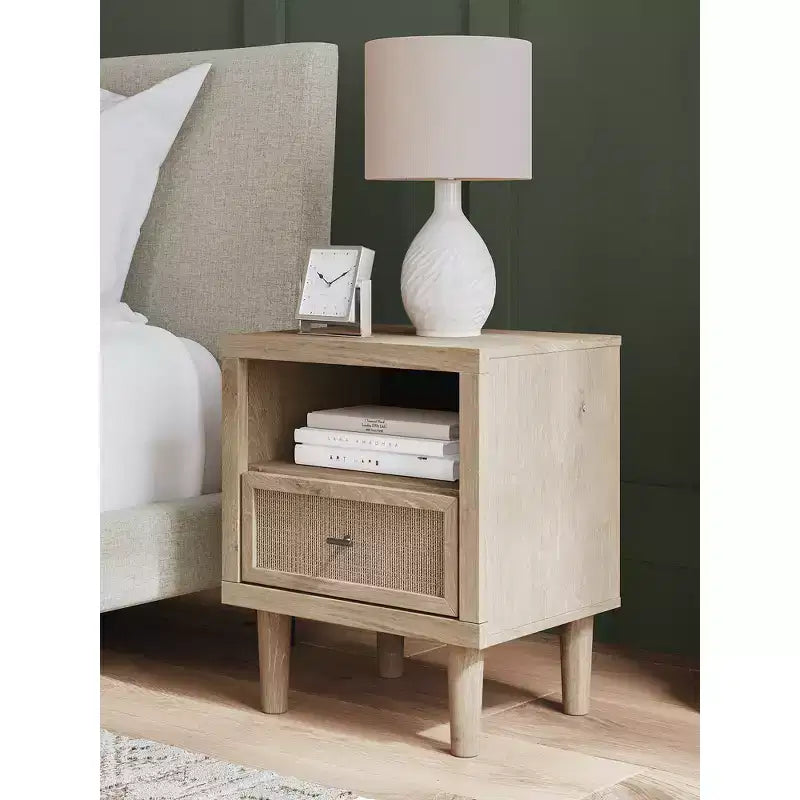 Comodino moderno con USB e ricarica wireless, base luminosa a LED, rovere marrone bicolore