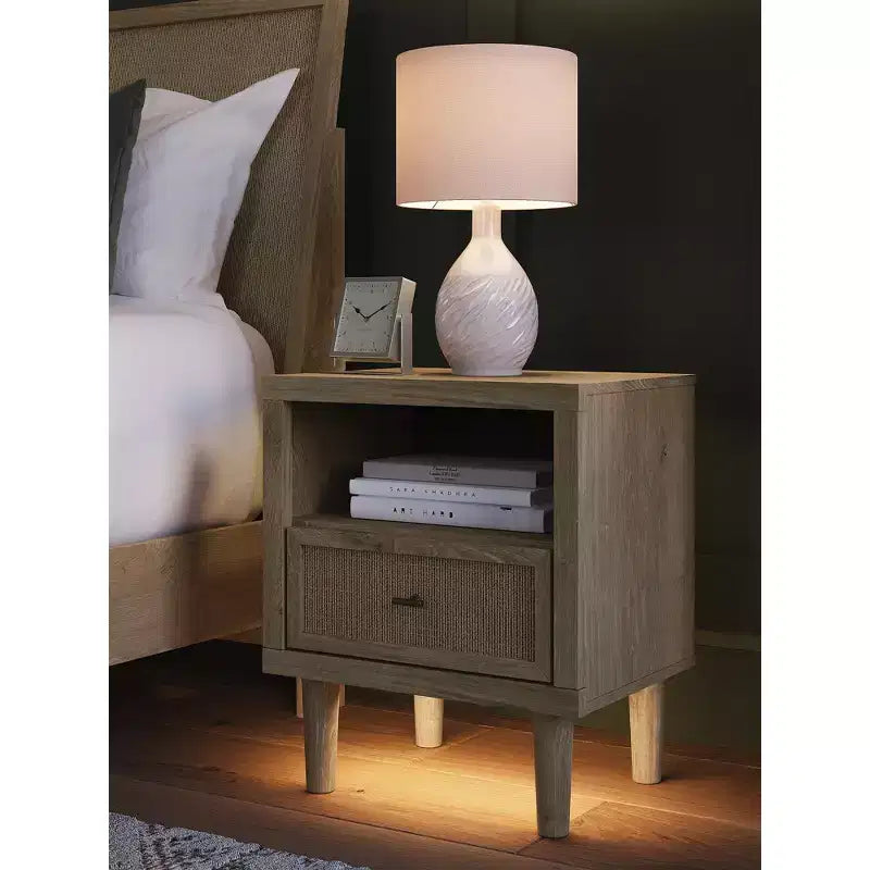 Comodino moderno con USB e ricarica wireless, base luminosa a LED, rovere marrone bicolore