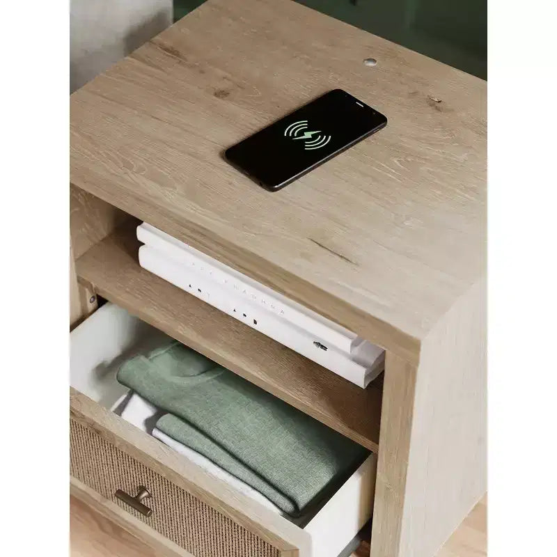 Comodino moderno con USB e ricarica wireless, base luminosa a LED, rovere marrone bicolore
